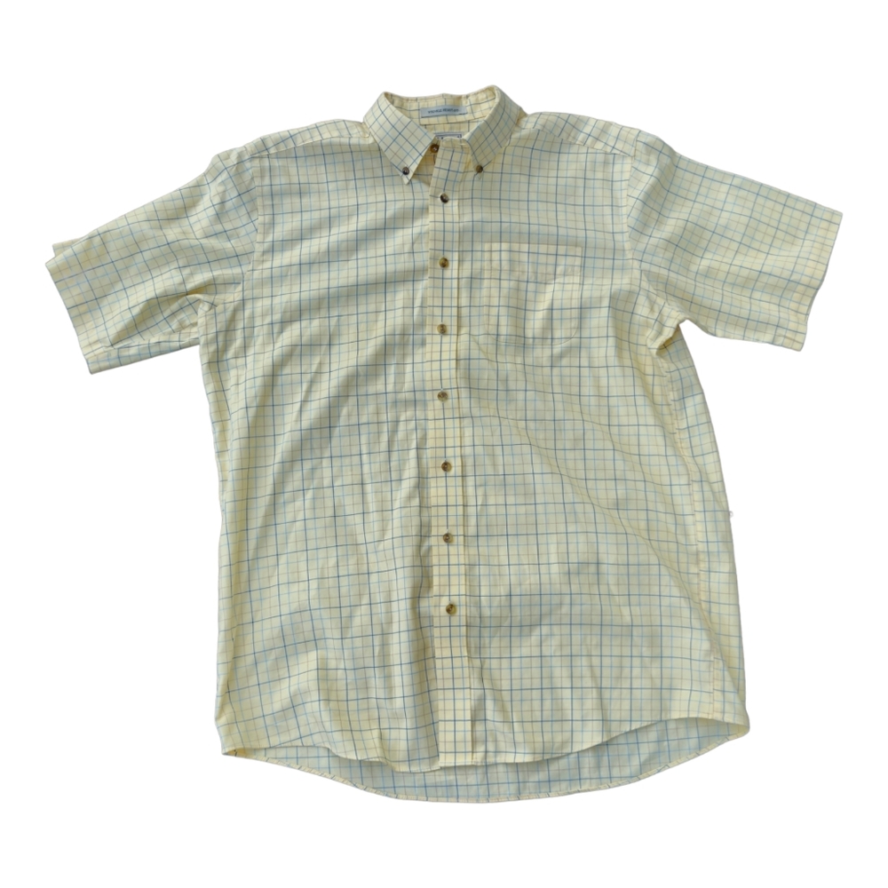 LL Bean Shirt Short Sleeve Cotton Button Up Size Large Tall Mens Yellow Check